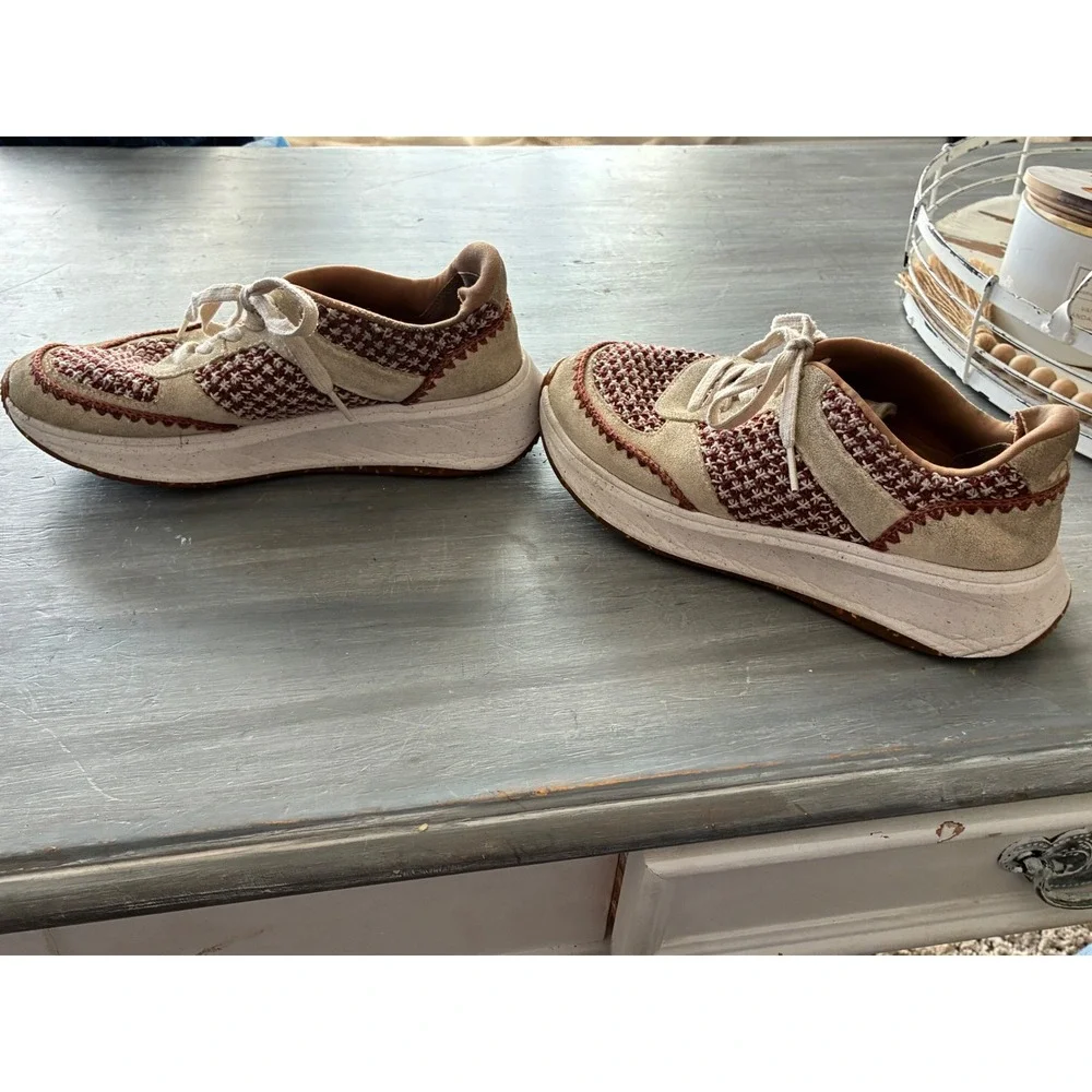FitFlop Woven Knit Suede Platform Sneakers Burgundy Cream Tan Womens 7